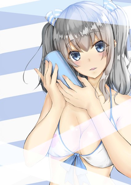 Anime picture 2866x4047 with kantai collection kashima training cruiser kaze hajime single long hair tall image blush fringe highres breasts open mouth blue eyes light erotic hair between eyes twintails bare shoulders holding silver hair upper body striped background