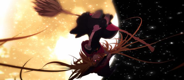 Anime picture 4000x1744 with original tarbo (exxxpiation) single long hair looking at viewer highres blonde hair smile wide image bent knee (knees) night night sky flying witch upside down girl hat moon star (stars) witch hat