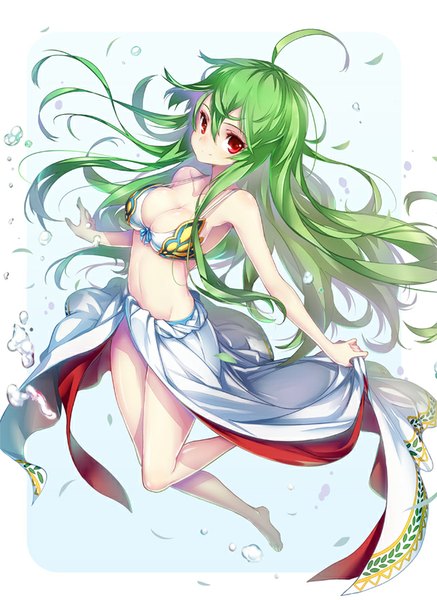 Anime picture 656x900 with puzzle & dragons athena (p&d) hong (white spider) single long hair tall image fringe breasts light erotic smile red eyes bent knee (knees) green hair girl bubble (bubbles)