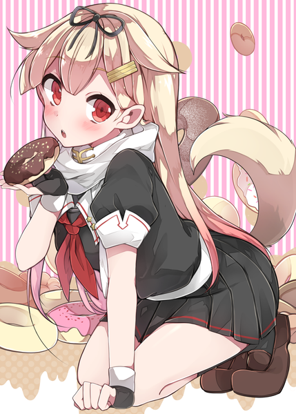 Anime picture 1036x1450 with kantai collection yuudachi destroyer takeshima eku single long hair tall image blush open mouth blonde hair standing pink hair bent knee (knees) tail animal tail pleated skirt multicolored hair two-tone hair kneeling gradient hair striped