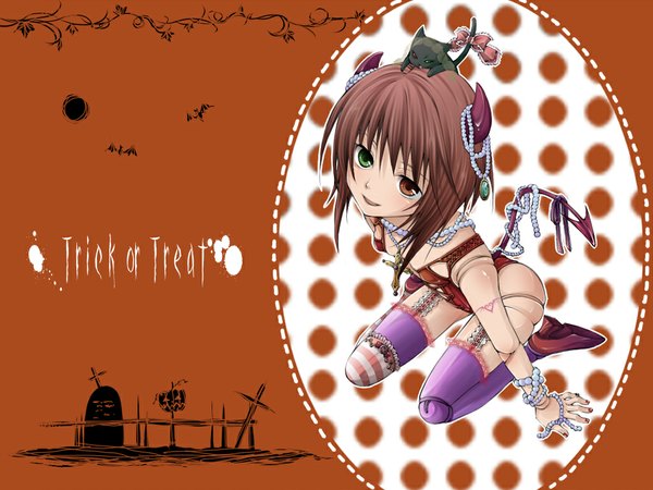 Anime picture 1024x768 with rozen maiden souseiseki kinako (moment) light erotic brown hair tail horn (horns) heterochromia halloween demon tail demon animal on head doll joints trick or treat cat on head jewelry cross necklace beads