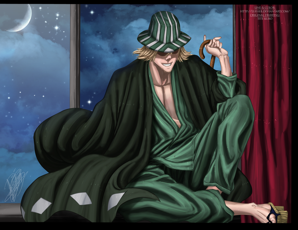 Anime picture 1999x1545 with bleach studio pierrot urahara kisuke luisseb single highres short hair blonde hair smile cloud (clouds) japanese clothes night sky coloring boy hat window kimono moon star (stars) curtains