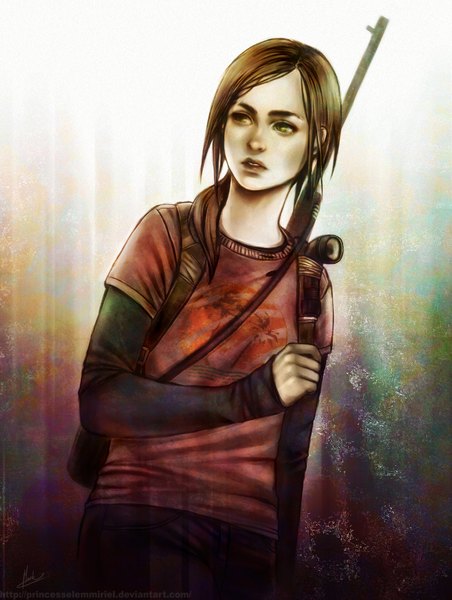 Anime picture 1262x1673 with the last of us ellie princesselemmiriel single long hair tall image simple background brown hair brown eyes signed ponytail girl weapon gun lantern backpack