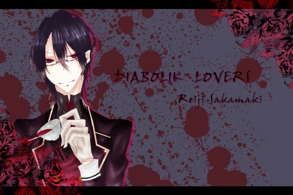 Anime picture 1200x801 with diabolik lovers idea factory sakamaki reiji tagme (artist) single looking at viewer short hair red eyes blue hair light smile grey background letterboxed vampire boy gloves rose (roses) blood suit cup splashes