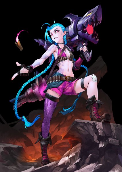 Anime picture 848x1200 with league of legends jinx (league of legends) asuka111 single tall image looking at viewer fringe smile red eyes standing holding blue hair ahoge bent knee (knees) braid (braids) very long hair nail polish fingernails bare belly from below