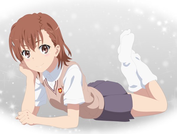 Anime picture 1400x1060 with to aru kagaku no railgun j.c. staff misaka mikoto smile (rz) single looking at viewer short hair smile brown hair brown eyes girl skirt uniform school uniform gaiters