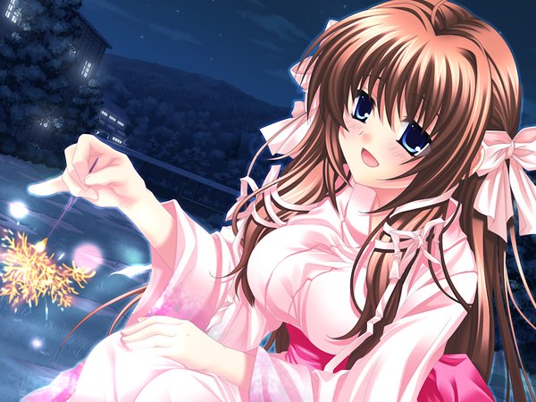 Anime picture 1024x768 with green strawberry single long hair blush open mouth blue eyes smile brown hair game cg japanese clothes night girl ribbon (ribbons) hair ribbon kimono bengal light
