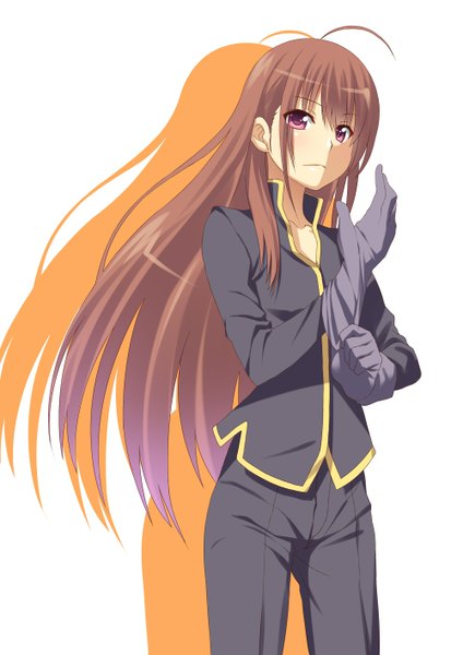 Anime picture 1000x1414 with original ese shinshi single long hair tall image looking at viewer brown hair white background purple eyes shadow girl gloves black gloves