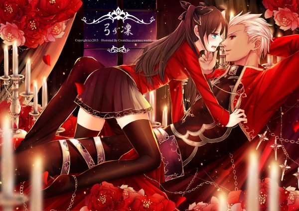 Anime picture 1280x905 with fate (series) fate/stay night type-moon toosaka rin archer (fate) creamsea long hair blush short hair blue eyes black hair red eyes white hair couple girl thighhighs boy skirt flower (flowers) bow
