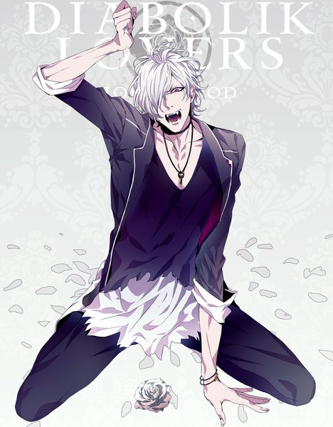 Anime picture 919x1178 with diabolik lovers idea factory sakamaki subaru kusari n ba (kigou) single tall image fringe short hair open mouth red eyes sitting white hair hair over one eye inscription teeth fang (fangs) torn clothes angry boy uniform