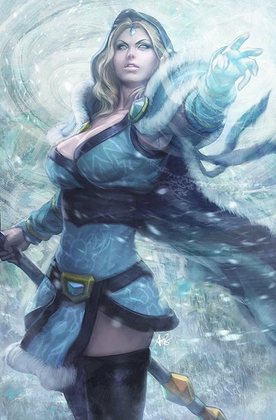 Anime picture 725x1101 with dota 2 (game) rylai crestfall (dota 2) artgerm (stanley lau) single tall image short hair blue eyes blonde hair signed cleavage wind realistic magic girl thighhighs black thighhighs detached sleeves hood cloak staff