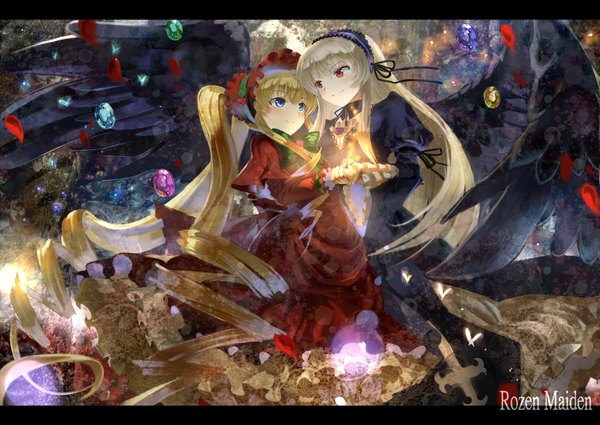 Anime picture 1550x1100 with rozen maiden suigintou shinku ultimate asuka long hair blue eyes blonde hair red eyes multiple girls silver hair very long hair inscription puffy sleeves copyright name holding hands drill hair eye contact lolita fashion goth-loli girl
