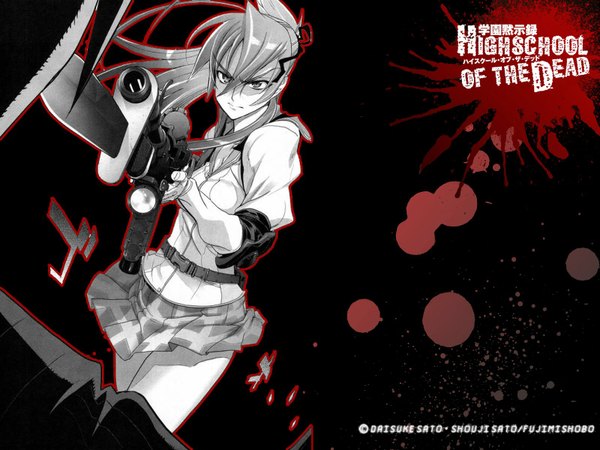 Anime picture 1600x1200 with highschool of the dead madhouse miyamoto rei single long hair looking at viewer ponytail pleated skirt inscription black background girl weapon serafuku gun