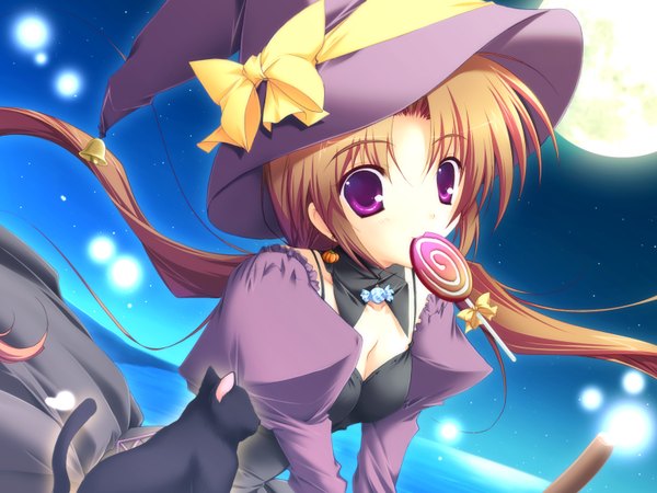 Anime picture 1600x1200 with smile summer again pink chuchu (artbook) mikeou single long hair looking at viewer brown hair purple eyes holding sky cleavage night wallpaper puffy sleeves night sky mouth hold eating flying witch broom riding