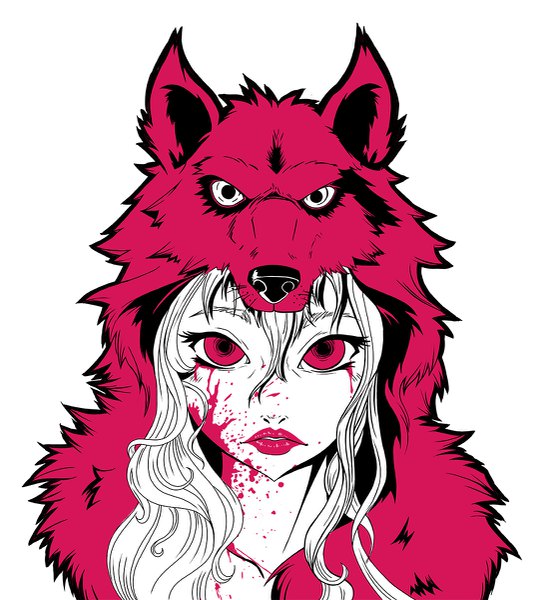 イラスト 1087x1200 と little red riding hood little red riding hood (character) magna-omega ソロ 長髪 長身像 カメラ目線 前髪 simple background hair between eyes 赤い目 lipstick portrait red lipstick blood on face polychromatic high contrast 女の子 血 wolf