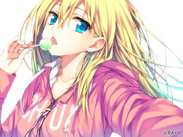 Anime picture 1150x861 with original rayn single long hair looking at viewer fringe blue eyes simple background blonde hair hair between eyes white background nail polish self shot blue nail polish girl earrings food sweets candy lollipop