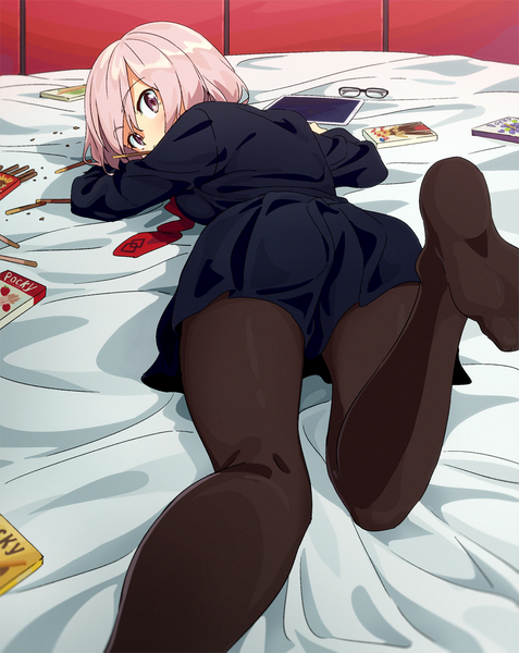 Anime picture 900x1131 with fate (series) fate/grand order mash kyrielight tomato (lsj44867) single tall image looking at viewer short hair light erotic purple eyes pink hair indoors lying long sleeves pleated skirt looking back from behind no shoes legs thighs