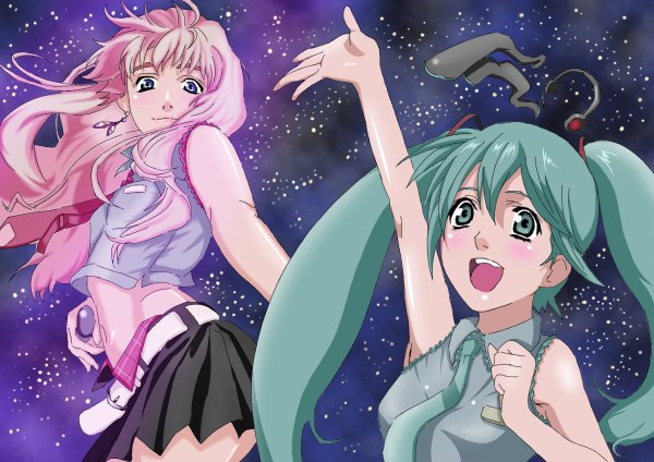 Anime picture 1200x848 with macross macross frontier vocaloid hatsune miku sheryl nome ranka lee blue eyes twintails green eyes pink hair green hair crossover girl skirt necktie microphone