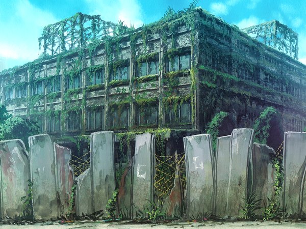 Anime picture 1024x768 with ma furu yoru no rin game cg cloud (clouds) no people plant (plants) tree (trees) window fence
