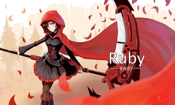 Anime picture 4133x2480 with rwby rooster teeth ruby rose single looking at viewer highres short hair brown hair wide image standing absurdres pink eyes mountain nature girl dress weapon plant (plants) petals pantyhose