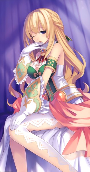 Anime picture 3670x6970 with choujigen game neptune vert tsunako single long hair tall image looking at viewer fringe highres breasts blonde hair large breasts sitting purple eyes bare shoulders payot absurdres bent knee (knees) parted lips one eye closed