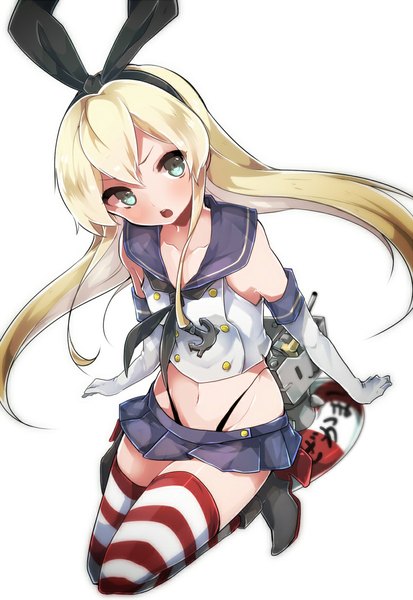 Anime picture 800x1161 with kantai collection shimakaze destroyer rensouhou-chan takeshima eku single long hair tall image blush open mouth blonde hair aqua eyes from above jumping girl thighhighs skirt gloves navel bow hair bow
