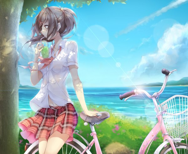 Anime picture 1800x1481 with original yue chi single long hair highres brown hair brown eyes looking away sky cloud (clouds) ponytail profile drinking girl skirt shirt sea drink ground vehicle disposable cup
