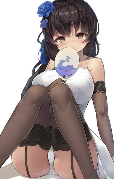 Anime picture 1200x1866 with girls frontline type 95 (girls frontline) type 95 (narcissus) (girls frontline) motokonut single long hair tall image blush fringe breasts light erotic black hair simple background large breasts white background bare shoulders brown eyes pantyshot official alternate costume pantyshot sitting