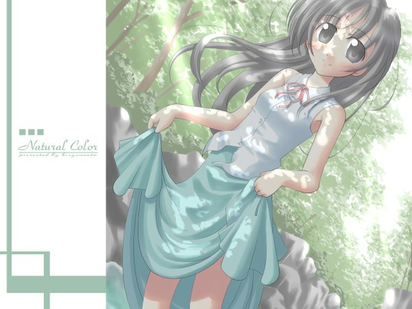 Anime picture 1280x960 with kiryu naoto single long hair looking at viewer blush black hair grey eyes skirt hold girl skirt plant (plants) tree (trees) natural color