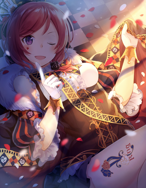 Anime picture 1000x1280 with love live! school idol project sunrise (studio) love live! nishikino maki nonono (nononotea) single tall image blush fringe short hair breasts open mouth purple eyes red hair lying one eye closed from above wink sunlight shadow