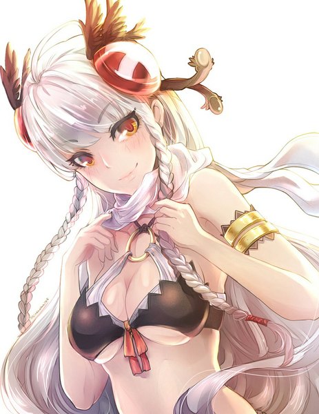 Anime picture 692x896 with puzzle & dragons valkyrie (p&d) mst1ng single long hair tall image looking at viewer breasts light erotic simple background smile white background silver hair orange eyes girl bikini top