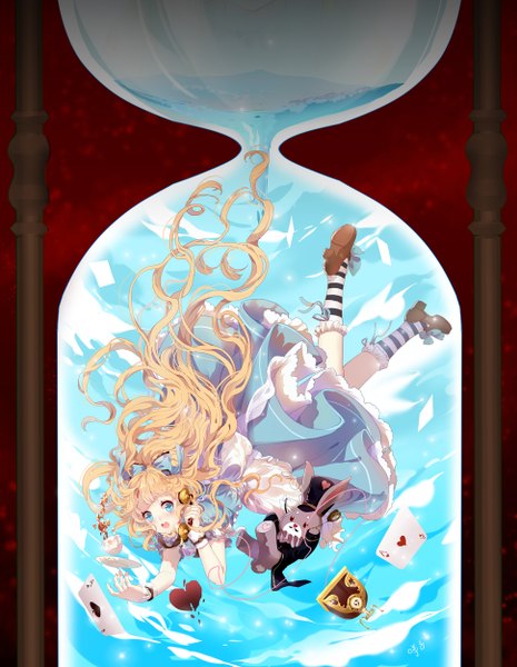 Anime picture 1938x2500 with alice in wonderland alice (wonderland) miemia single long hair tall image looking at viewer highres open mouth blue eyes blonde hair girl dress animal socks bunny card (cards) phone striped socks