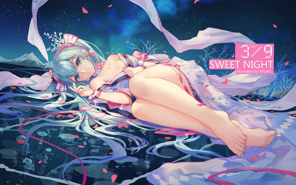 Anime picture 1434x900 with vocaloid hatsune miku atdan single looking at viewer blush fringe blue eyes light erotic smile hair between eyes twintails bare shoulders signed cleavage full body bent knee (knees) lying very long hair nail polish