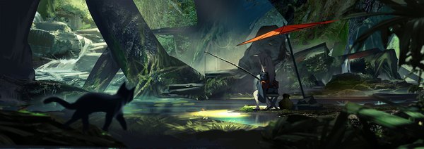Anime picture 1660x587 with original pixiv fantasia pixiv fantasia t renatus z long hair wide image sitting holding animal ears white hair traditional clothes japanese clothes from behind sunlight sunbeam river fishing girl plant (plants) animal