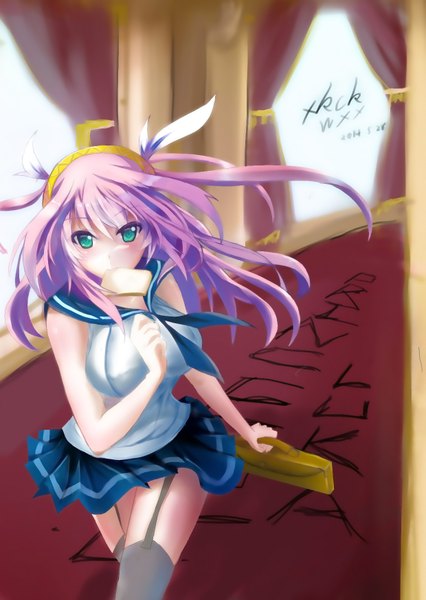 Anime picture 1240x1748 with original xkc xshushu single long hair tall image looking at viewer blush fringe holding green eyes pink hair indoors pleated skirt zettai ryouiki mouth hold eating walking girl thighhighs