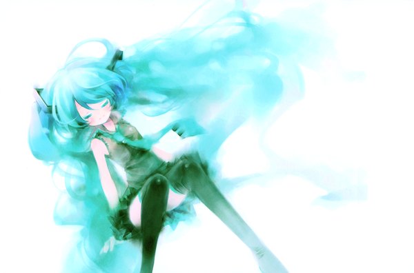 Anime picture 6061x4010 with vocaloid hatsune miku shimeko single long hair highres simple background white background twintails absurdres eyes closed very long hair scan aqua hair girl thighhighs skirt necktie
