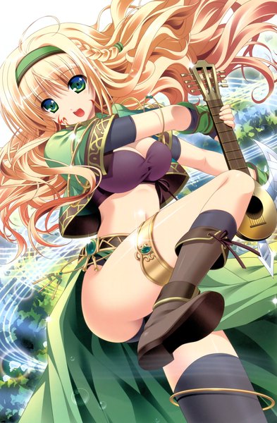 Anime picture 2292x3500 with higa yukari single long hair tall image looking at viewer highres breasts open mouth light erotic blonde hair green eyes scan pantyshot girl skirt underwear panties miniskirt boots hairband
