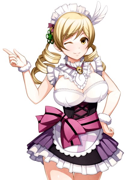 Anime picture 750x1000 with mahou shoujo madoka magica shaft (studio) tomoe mami torigoe takumi single long hair tall image looking at viewer blush breasts light erotic simple background blonde hair large breasts white background twintails yellow eyes one eye closed wink maid