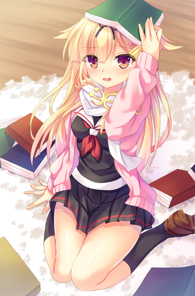 Anime picture 724x1100 with kantai collection yuudachi destroyer nagare yoshimi single long hair tall image looking at viewer blush open mouth blonde hair red eyes remodel (kantai collection) girl skirt miniskirt socks book (books) black socks