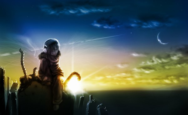 Anime picture 1280x787 with tagme (artist) wide image sky cloud (clouds) evening sunset smoke landscape crescent ruins headphones moon star (stars) cigarette