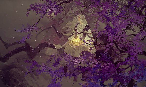 Anime picture 1276x765 with original ibuki satsuki single long hair wide image sitting looking away full body white hair traditional clothes profile wind night grey background cherry blossoms chinese clothes glow boy flower (flowers) petals