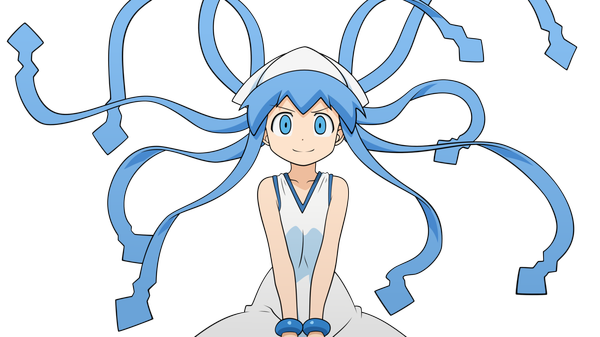 Anime picture 1280x720 with shinryaku! ika musume ika musume single long hair blue eyes smile wide image blue hair transparent background tentacle hair girl dress hat bracelet