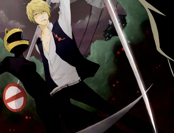 Anime picture 2000x1524 with durarara!! brains base (studio) heiwajima shizuo celty sturluson highres short hair blonde hair brown eyes looking away sky open clothes from below open shirt evening girl boy weapon shirt belt white shirt