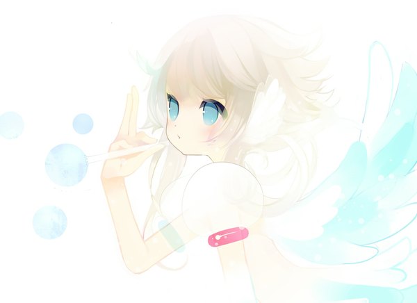 Anime picture 1000x728 with original puti devil single long hair blue eyes white hair girl wings bubble (bubbles)