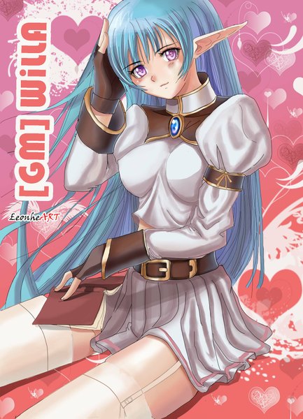 Anime picture 1630x2255 with leon-hearts single long hair tall image blush blue hair pink eyes pointy ears girl thighhighs skirt gloves white thighhighs belt garter straps clothes