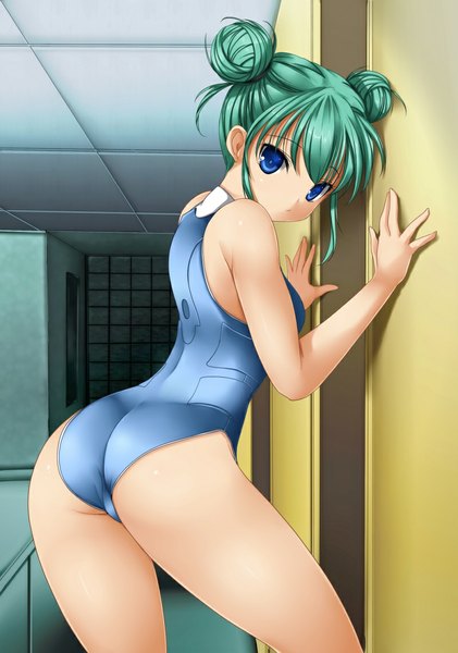 Anime picture 800x1140 with aria alice carroll funiki kumi single tall image short hair blue eyes light erotic ass green hair hair bun (hair buns) girl swimsuit one-piece swimsuit