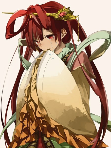 Anime picture 600x800 with magi the labyrinth of magic a-1 pictures ren kougyoku ciel arc (artist) single long hair tall image blush fringe simple background red eyes white background red hair long sleeves traditional clothes wide sleeves embarrassed tears hands in sleeves girl