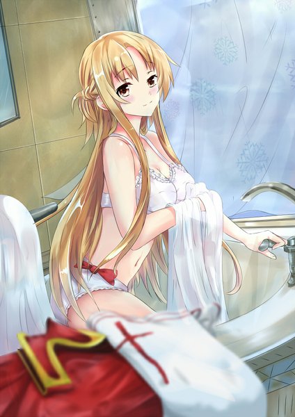 Anime picture 678x960 with sword art online a-1 pictures yuuki asuna white crow single long hair tall image looking at viewer blush fringe breasts light erotic blonde hair sitting bare shoulders brown eyes light smile bare belly depth of field girl