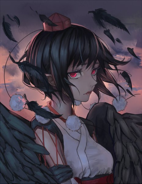 Anime picture 1000x1291 with touhou shameimaru aya kusa (adrian1119) single tall image looking at viewer fringe short hair breasts black hair red eyes sky pointy ears black wings serious kourindou tengu costume girl wings feather (feathers) tokin hat