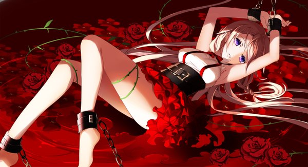 Anime picture 1500x817 with vocaloid ia (vocaloid) yuuki kira single looking at viewer blonde hair wide image purple eyes very long hair bare legs red background bondage girl dress flower (flowers) rose (roses) chain red rose